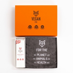 gift box gray cotton towel with hand cream vegan fox